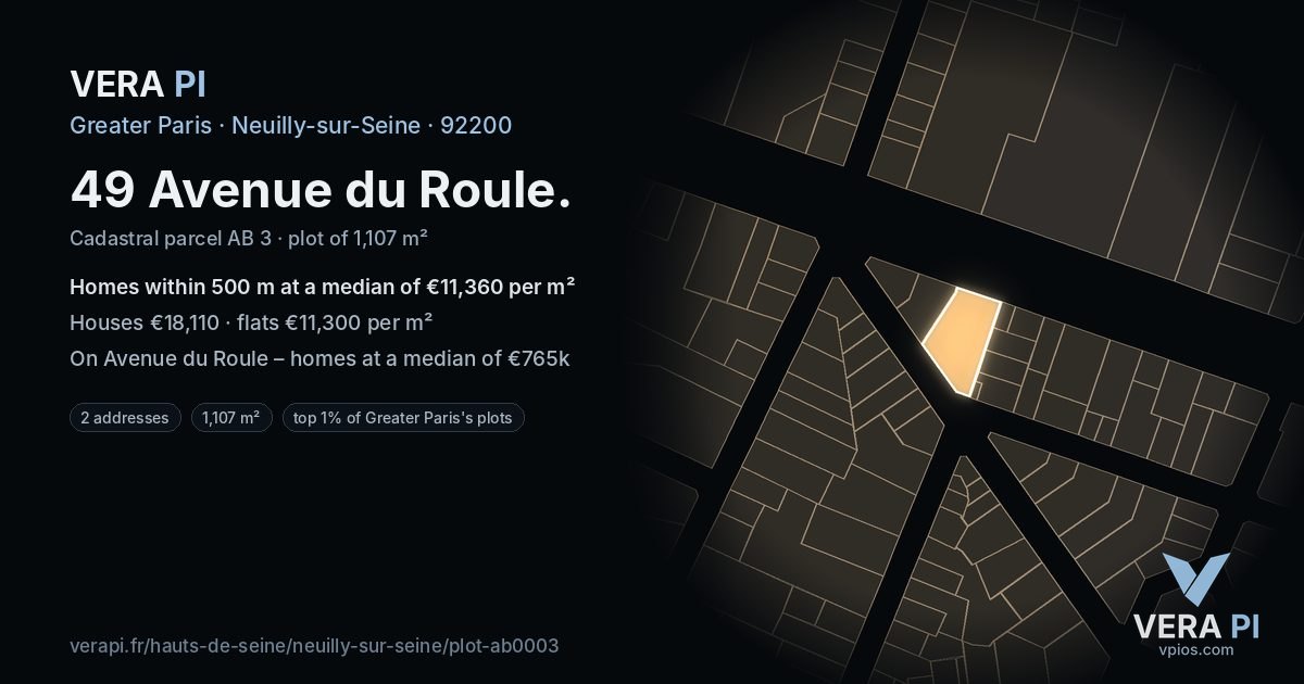 49 Avenue du Roule, Neuilly-sur-Seine at night – the plot lit, the parcels around coloured by the prices near them
