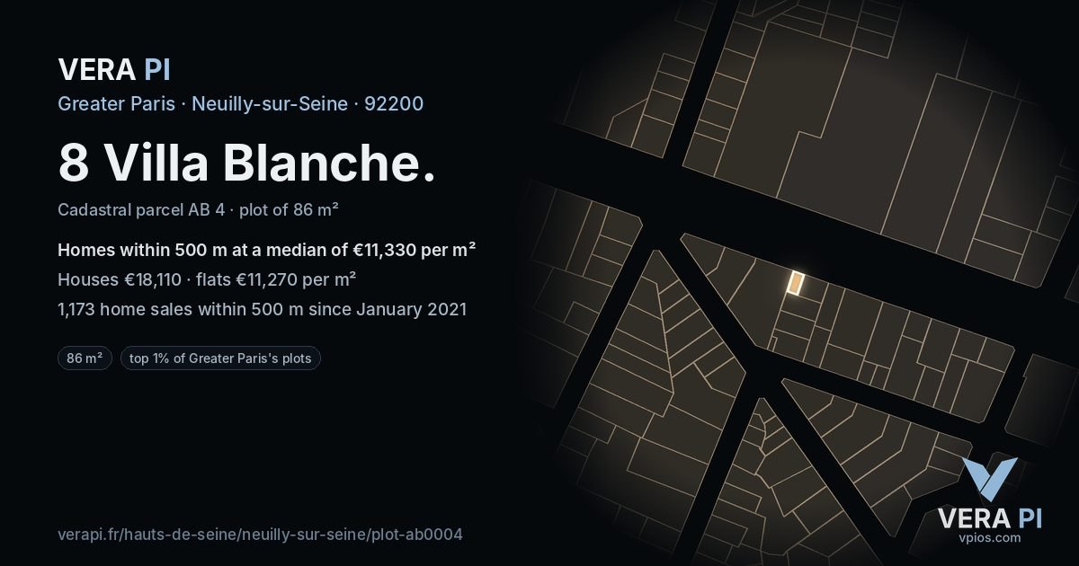 8 Villa Blanche, Neuilly-sur-Seine at night – the plot lit, the parcels around coloured by the prices near them