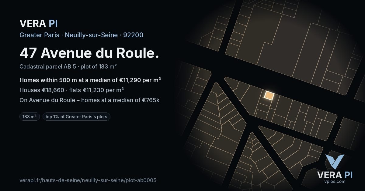 47 Avenue du Roule, Neuilly-sur-Seine at night – the plot lit, the parcels around coloured by the prices near them
