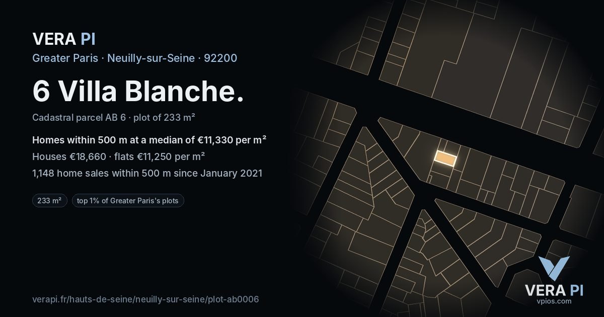 6 Villa Blanche, Neuilly-sur-Seine at night – the plot lit, the parcels around coloured by the prices near them
