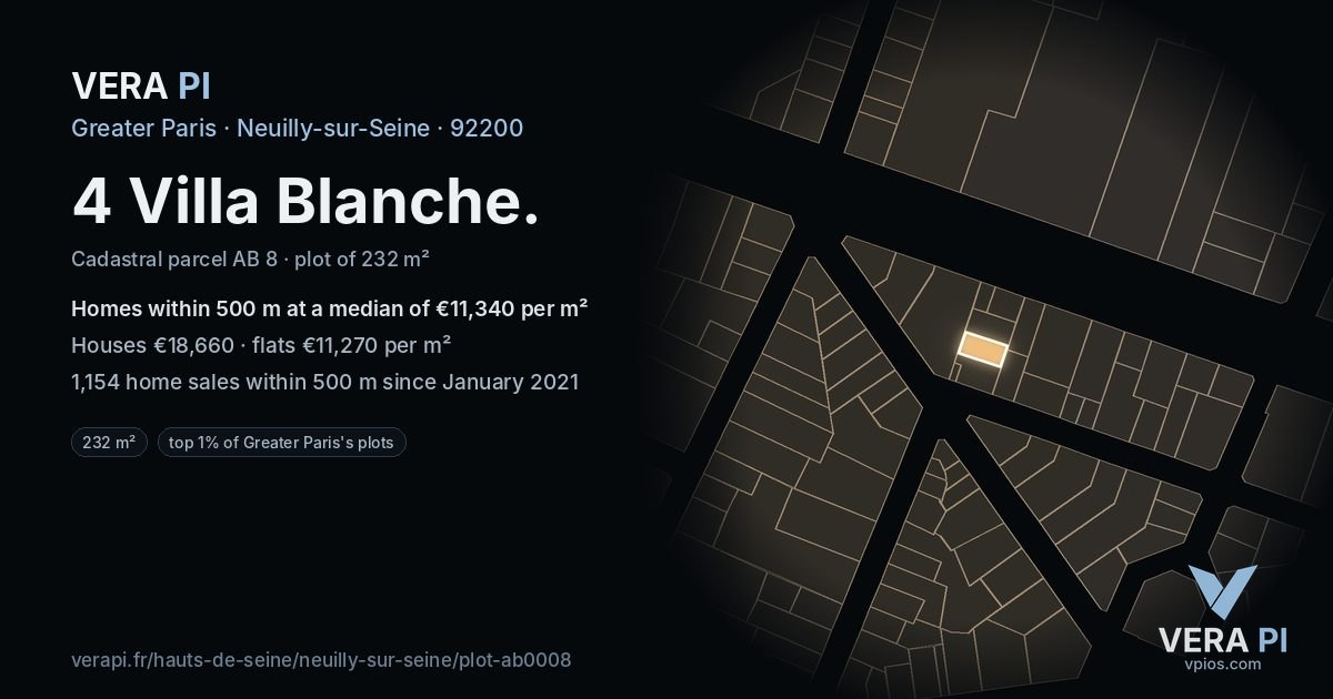 4 Villa Blanche, Neuilly-sur-Seine at night – the plot lit, the parcels around coloured by the prices near them