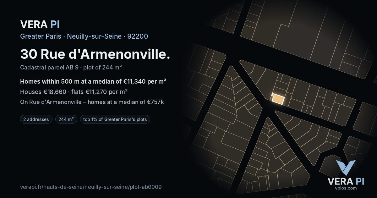 30 Rue d'Armenonville, Neuilly-sur-Seine at night – the plot lit, the parcels around coloured by the prices near them