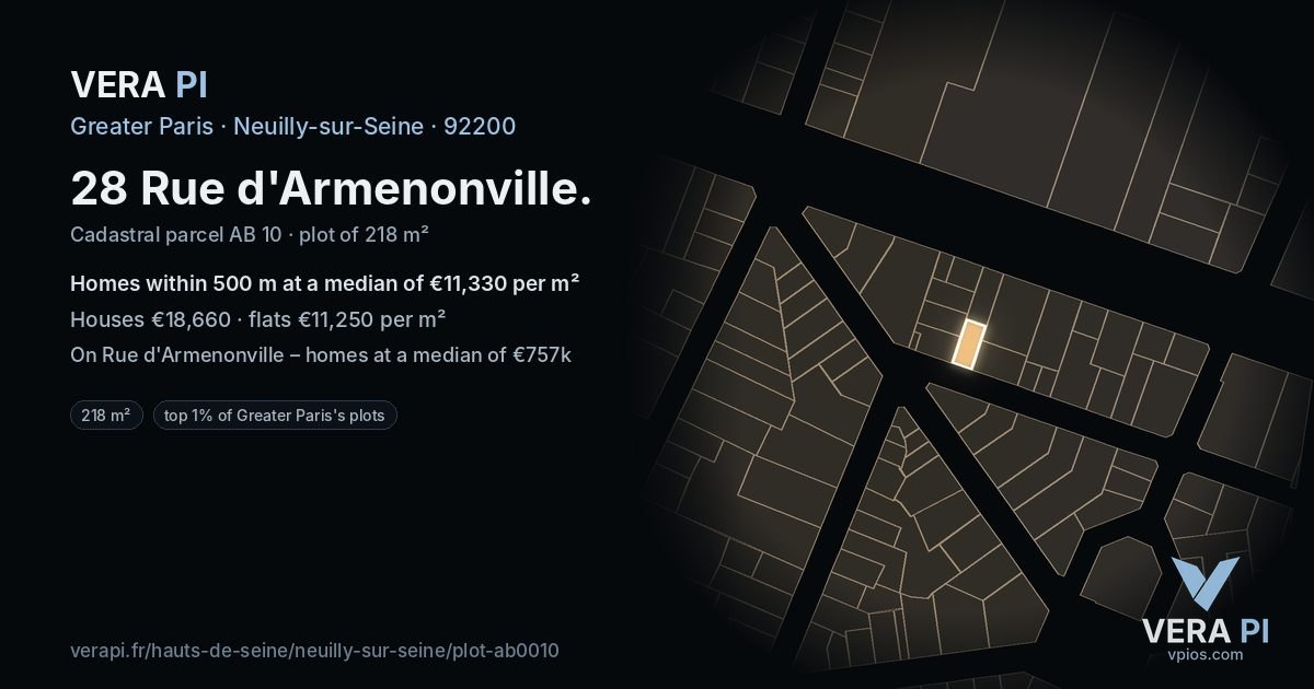 28 Rue d'Armenonville, Neuilly-sur-Seine at night – the plot lit, the parcels around coloured by the prices near them
