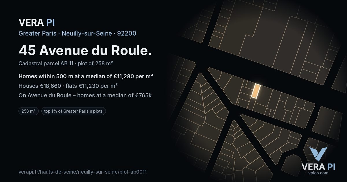 45 Avenue du Roule, Neuilly-sur-Seine at night – the plot lit, the parcels around coloured by the prices near them