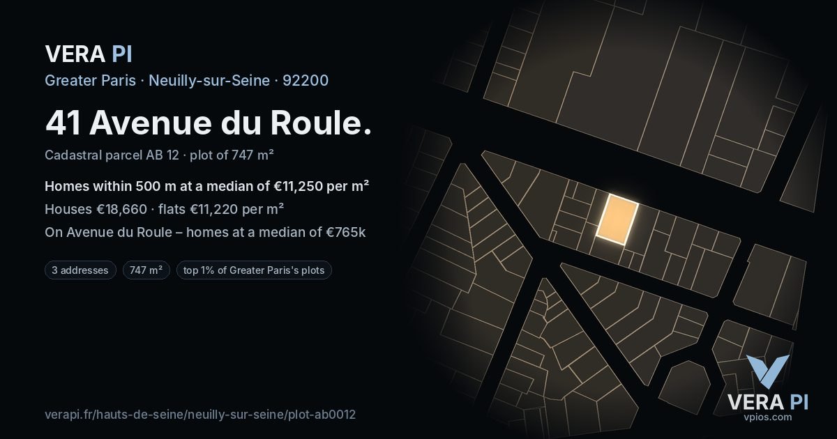 41 Avenue du Roule, Neuilly-sur-Seine at night – the plot lit, the parcels around coloured by the prices near them