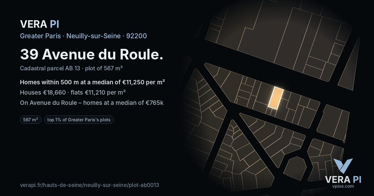 39 Avenue du Roule, Neuilly-sur-Seine at night – the plot lit, the parcels around coloured by the prices near them