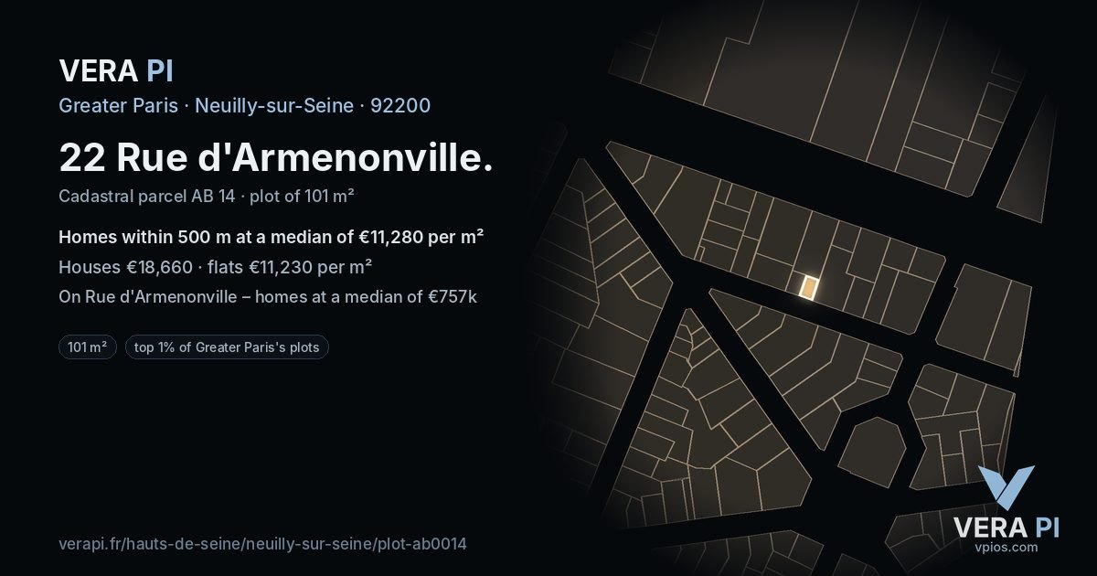 22 Rue d'Armenonville, Neuilly-sur-Seine at night – the plot lit, the parcels around coloured by the prices near them