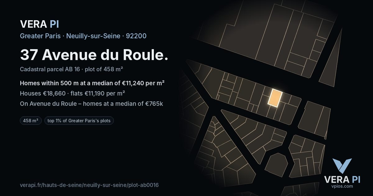 37 Avenue du Roule, Neuilly-sur-Seine at night – the plot lit, the parcels around coloured by the prices near them
