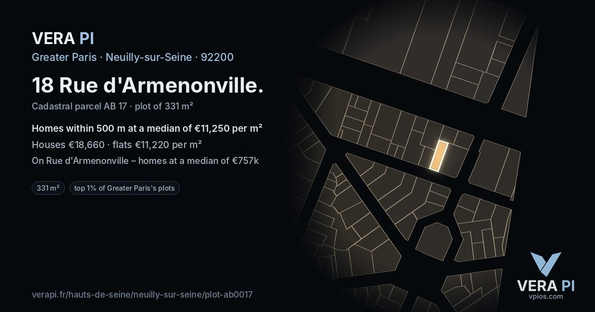 18 Rue d'Armenonville, Neuilly-sur-Seine at night – the plot lit, the parcels around coloured by the prices near them