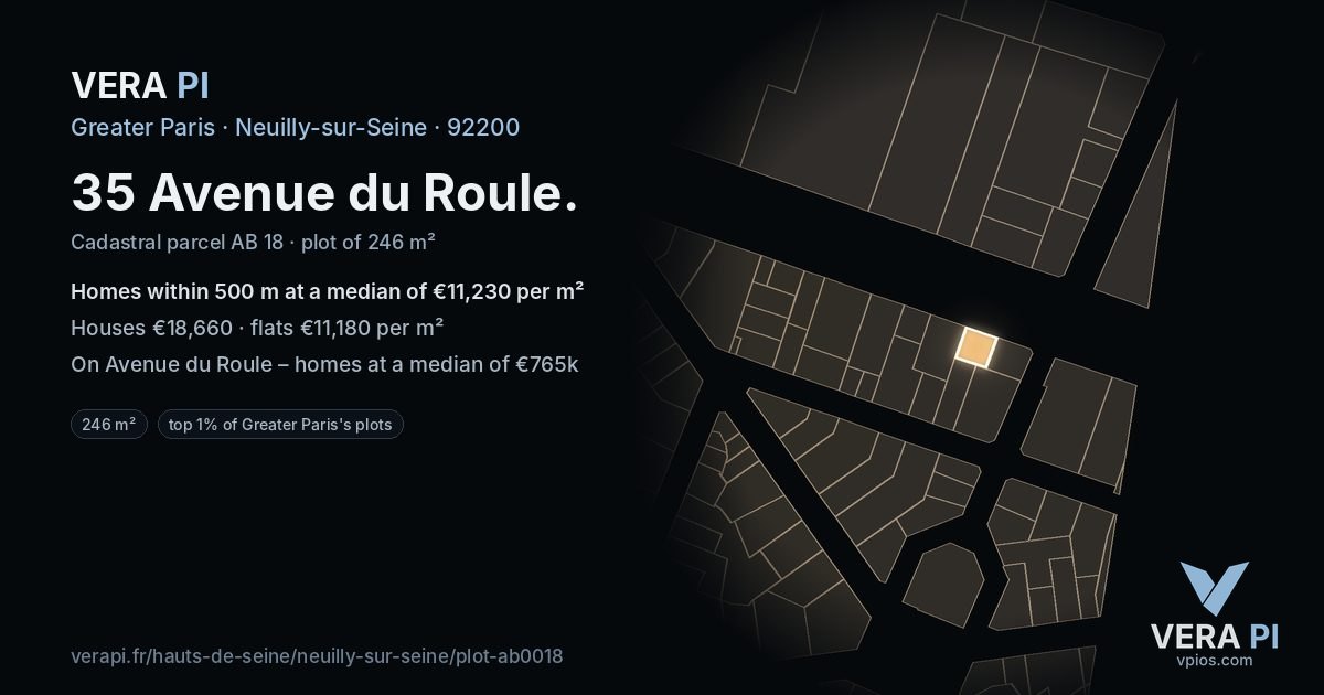 35 Avenue du Roule, Neuilly-sur-Seine at night – the plot lit, the parcels around coloured by the prices near them