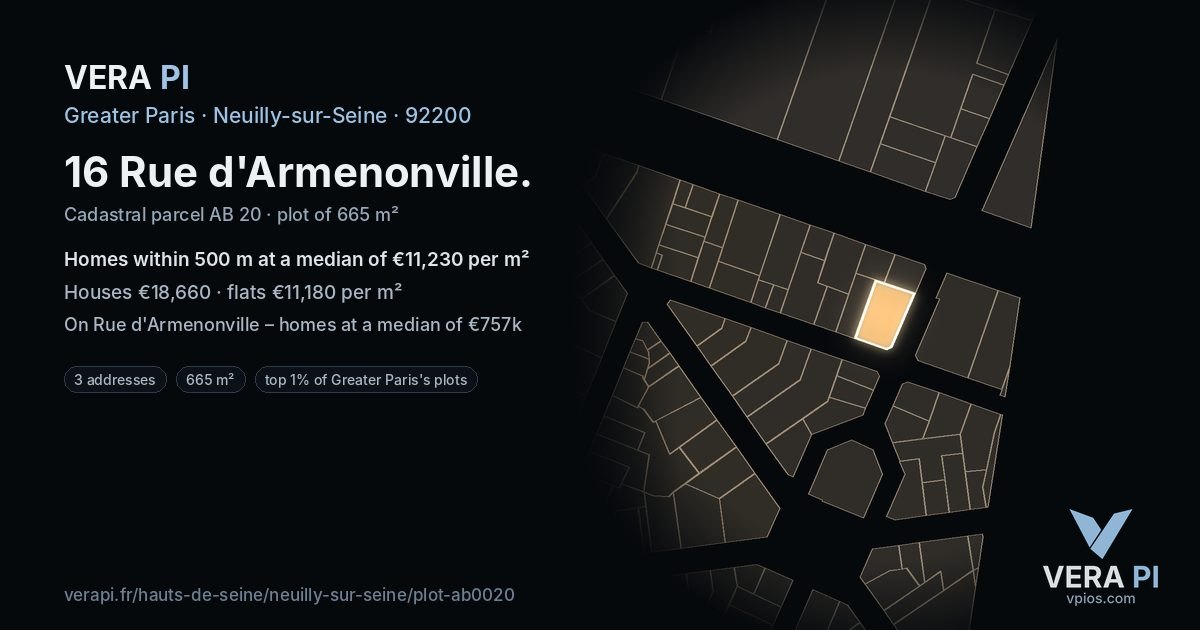 16 Rue d'Armenonville, Neuilly-sur-Seine at night – the plot lit, the parcels around coloured by the prices near them