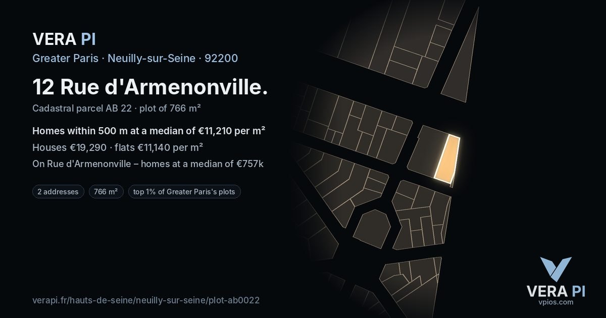 12 Rue d'Armenonville, Neuilly-sur-Seine at night – the plot lit, the parcels around coloured by the prices near them