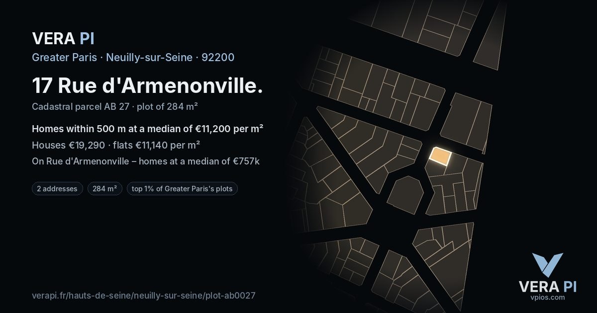 17 Rue d'Armenonville, Neuilly-sur-Seine at night – the plot lit, the parcels around coloured by the prices near them