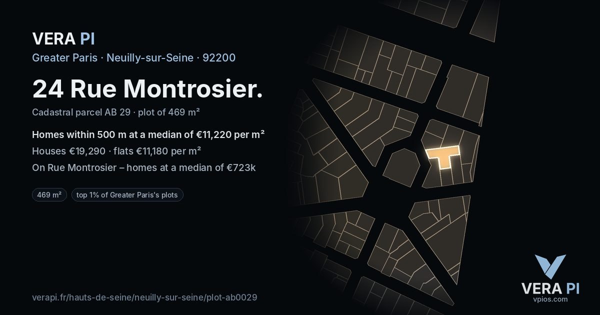 24 Rue Montrosier, Neuilly-sur-Seine at night – the plot lit, the parcels around coloured by the prices near them