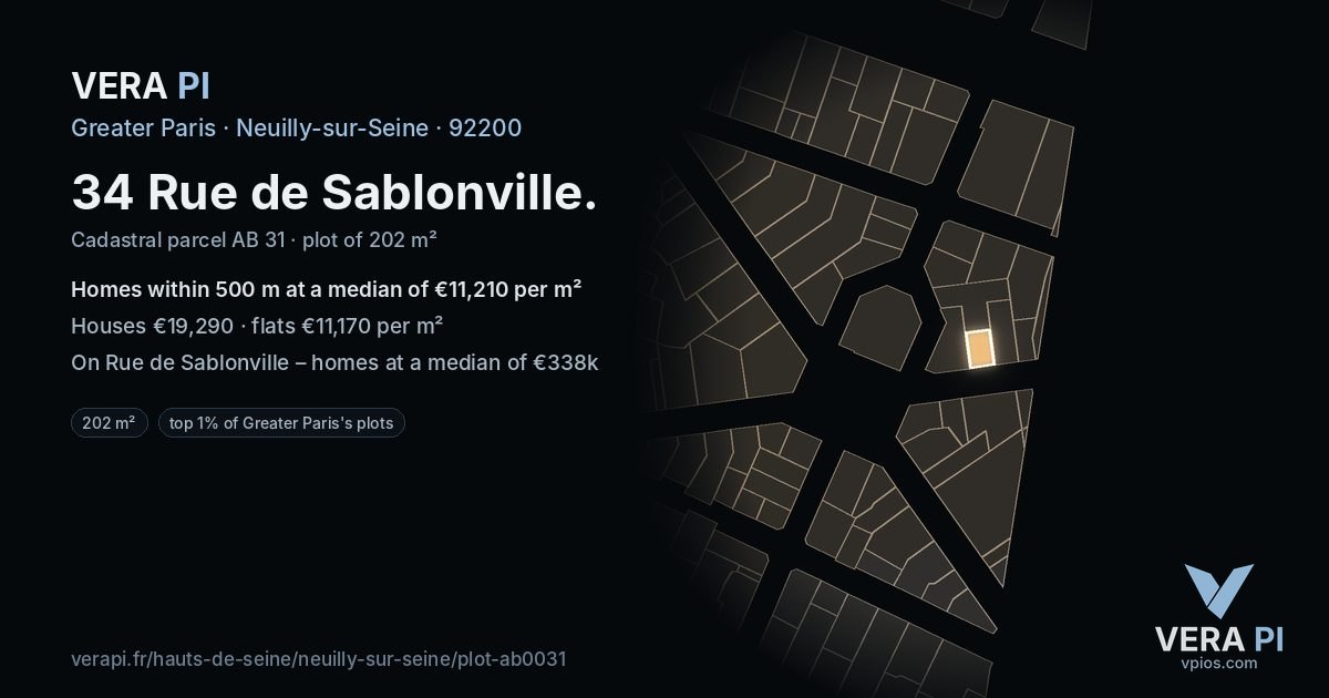 34 Rue de Sablonville, Neuilly-sur-Seine at night – the plot lit, the parcels around coloured by the prices near them