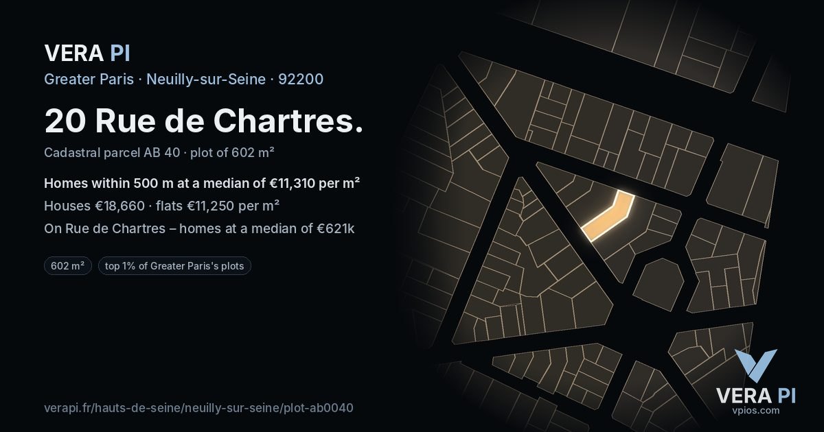 20 Rue de Chartres, Neuilly-sur-Seine at night – the plot lit, the parcels around coloured by the prices near them