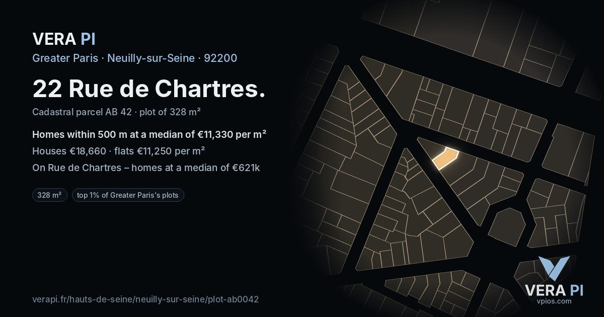 22 Rue de Chartres, Neuilly-sur-Seine at night – the plot lit, the parcels around coloured by the prices near them