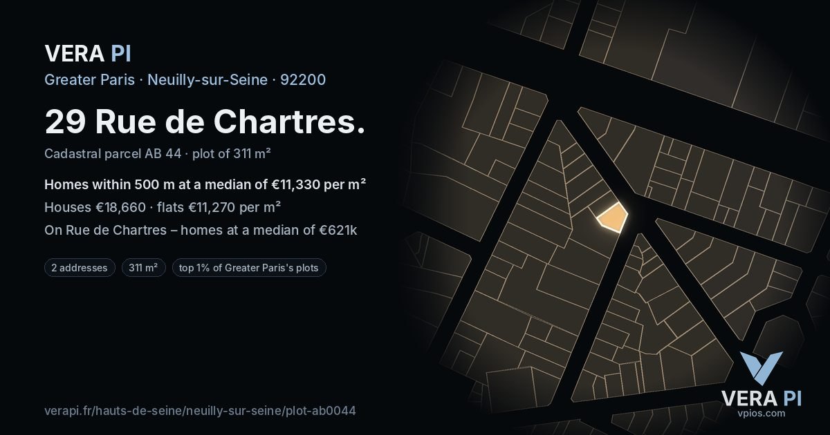29 Rue de Chartres, Neuilly-sur-Seine at night – the plot lit, the parcels around coloured by the prices near them