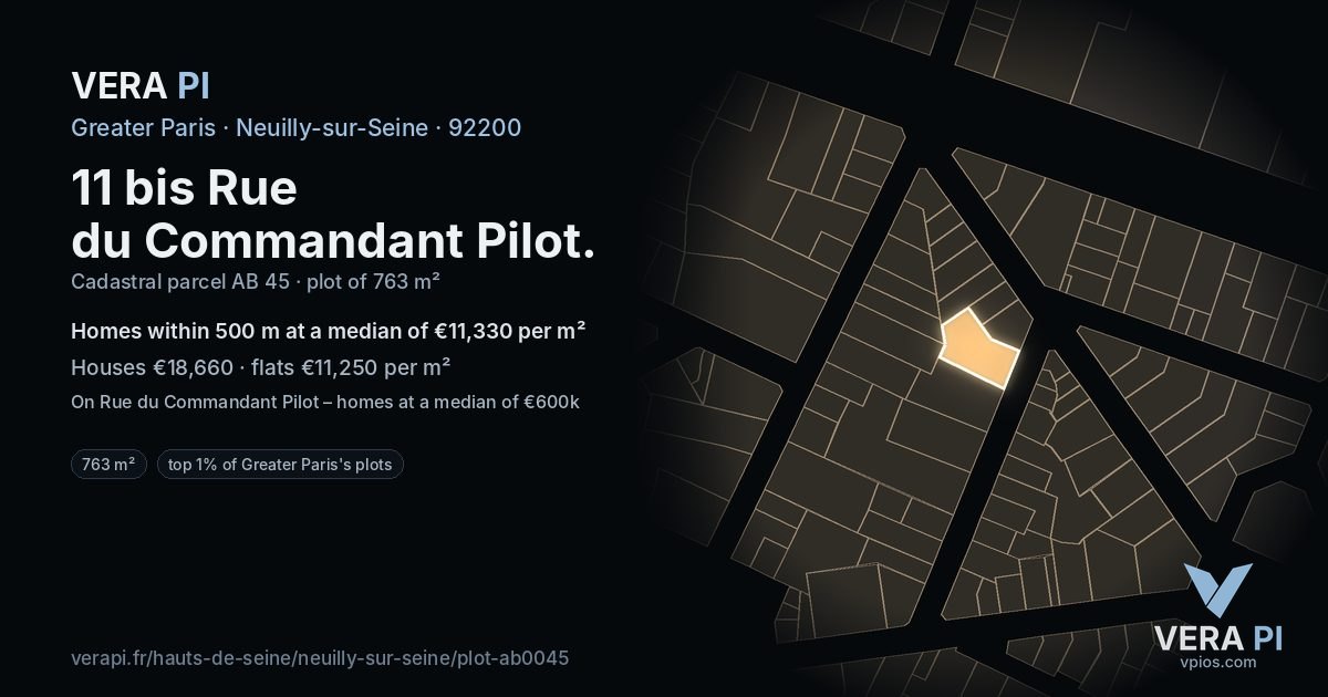 11 bis Rue du Commandant Pilot, Neuilly-sur-Seine at night – the plot lit, the parcels around coloured by the prices near them