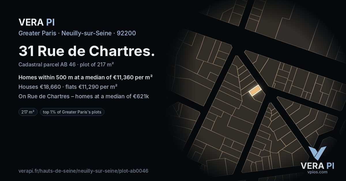 31 Rue de Chartres, Neuilly-sur-Seine at night – the plot lit, the parcels around coloured by the prices near them