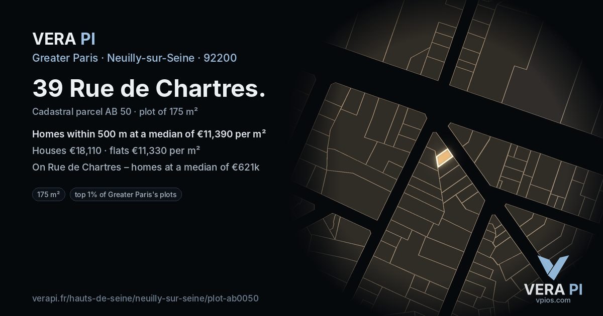 39 Rue de Chartres, Neuilly-sur-Seine at night – the plot lit, the parcels around coloured by the prices near them