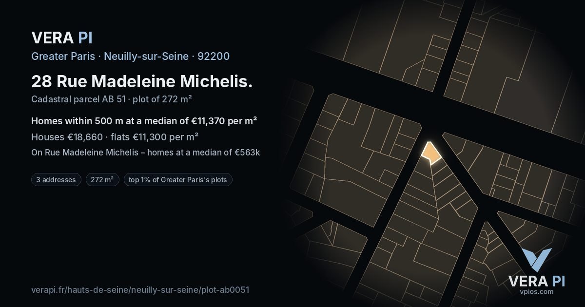 28 Rue Madeleine Michelis, Neuilly-sur-Seine at night – the plot lit, the parcels around coloured by the prices near them