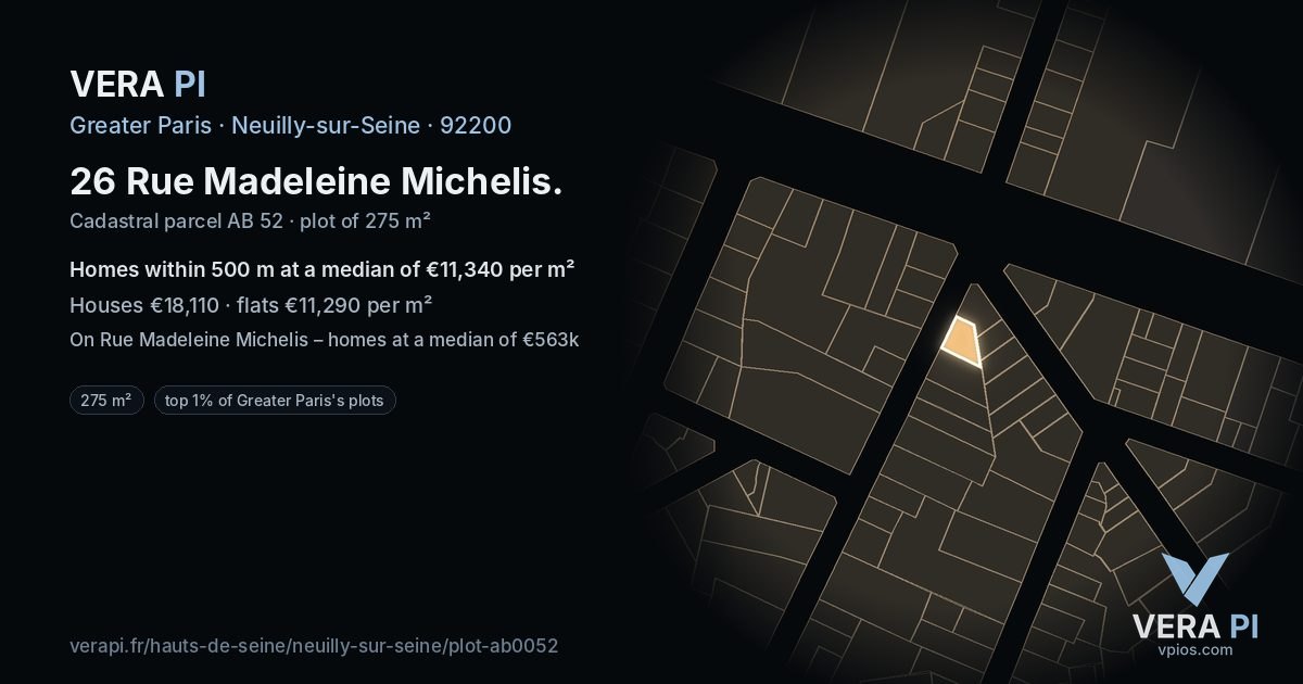 26 Rue Madeleine Michelis, Neuilly-sur-Seine at night – the plot lit, the parcels around coloured by the prices near them