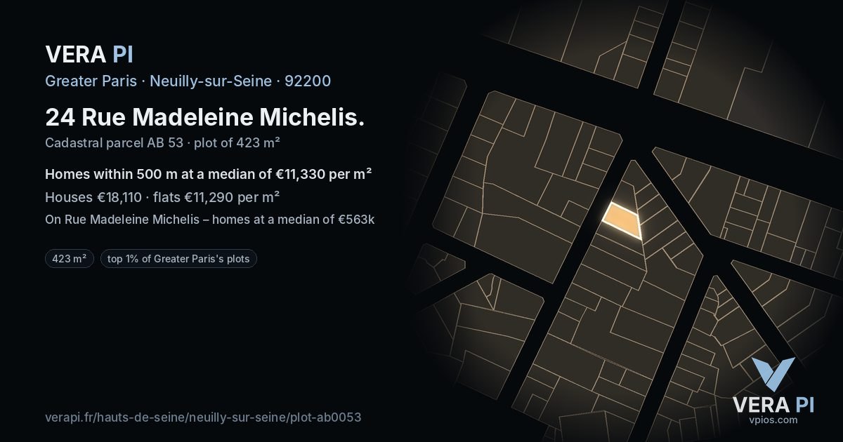 24 Rue Madeleine Michelis, Neuilly-sur-Seine at night – the plot lit, the parcels around coloured by the prices near them