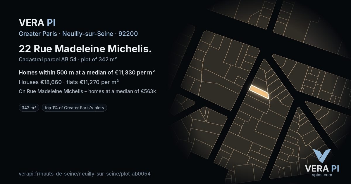 22 Rue Madeleine Michelis, Neuilly-sur-Seine at night – the plot lit, the parcels around coloured by the prices near them