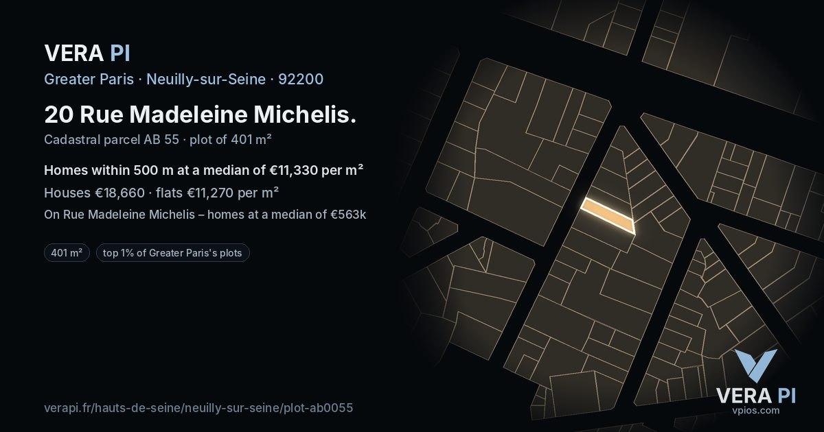 20 Rue Madeleine Michelis, Neuilly-sur-Seine at night – the plot lit, the parcels around coloured by the prices near them