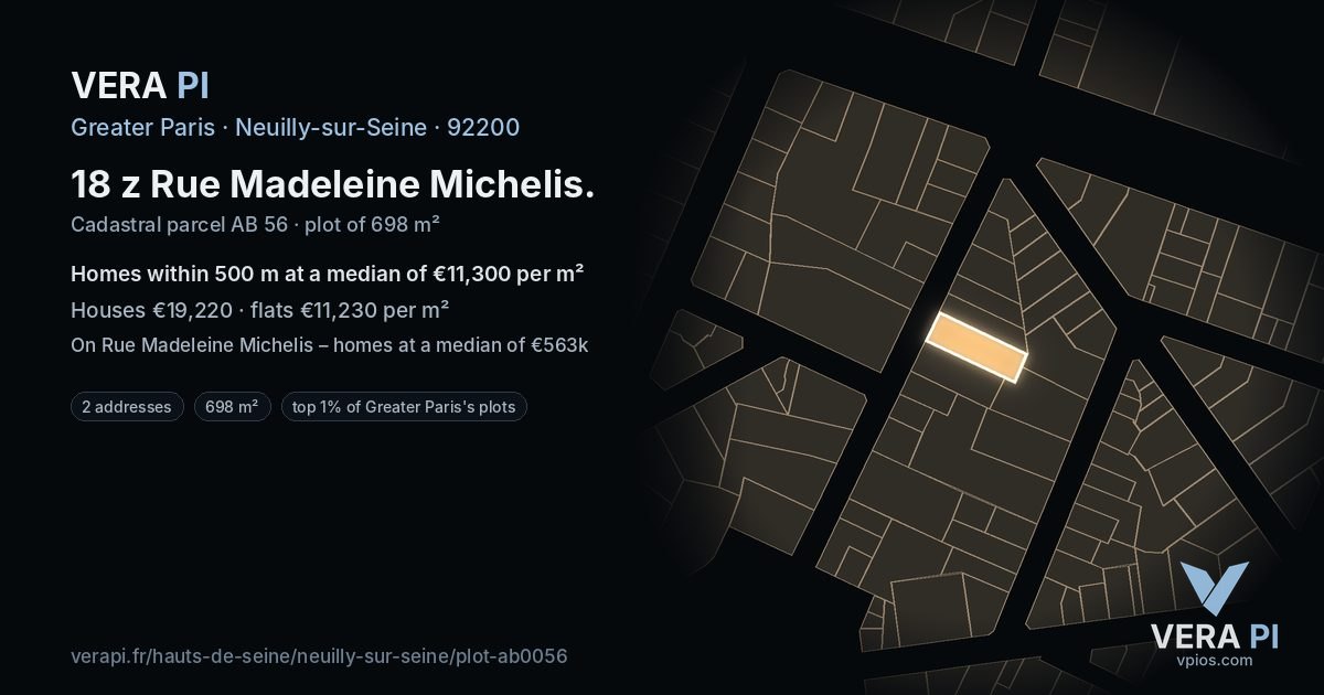 18 z Rue Madeleine Michelis, Neuilly-sur-Seine at night – the plot lit, the parcels around coloured by the prices near them