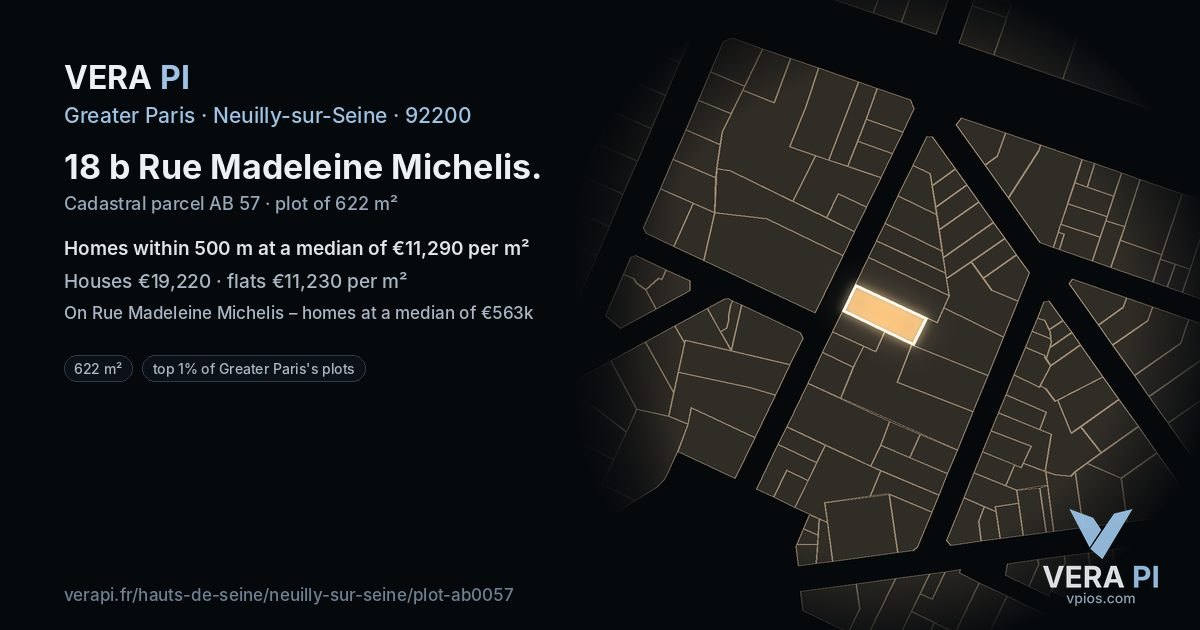 18 b Rue Madeleine Michelis, Neuilly-sur-Seine at night – the plot lit, the parcels around coloured by the prices near them
