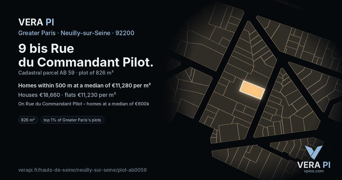 9 bis Rue du Commandant Pilot, Neuilly-sur-Seine at night – the plot lit, the parcels around coloured by the prices near them