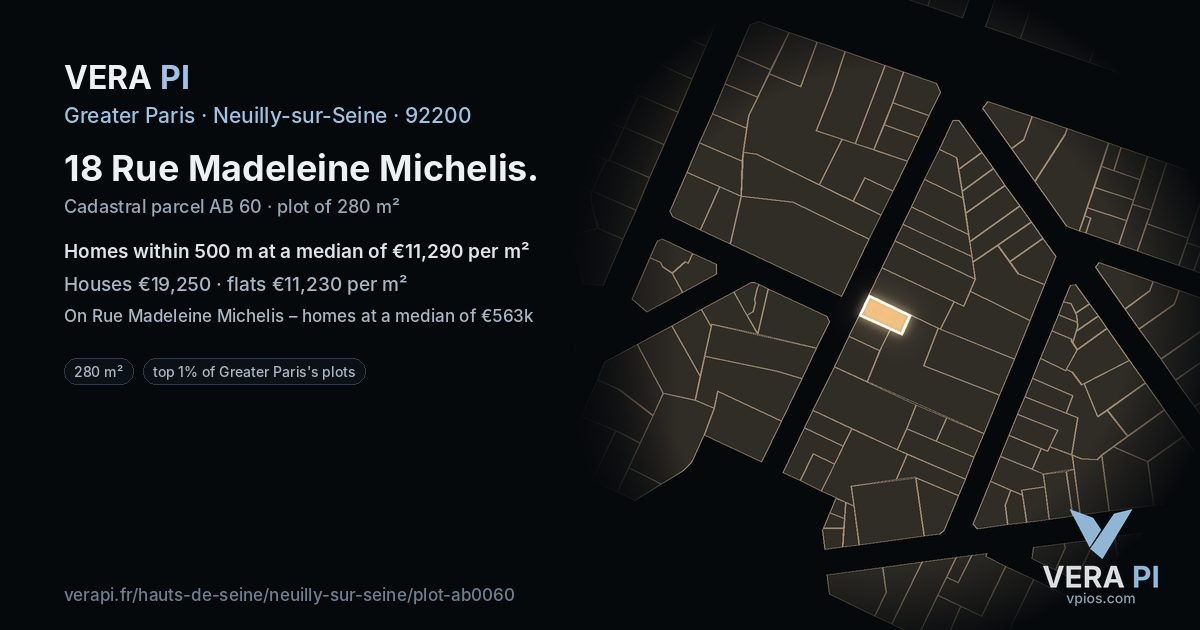 18 Rue Madeleine Michelis, Neuilly-sur-Seine at night – the plot lit, the parcels around coloured by the prices near them