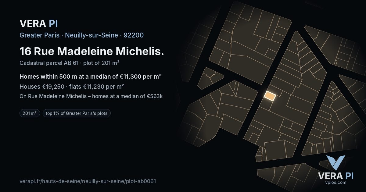 16 Rue Madeleine Michelis, Neuilly-sur-Seine at night – the plot lit, the parcels around coloured by the prices near them