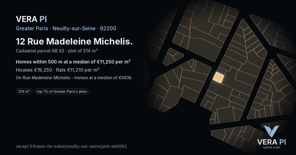 12 Rue Madeleine Michelis, Neuilly-sur-Seine at night – the plot lit, the parcels around coloured by the prices near them