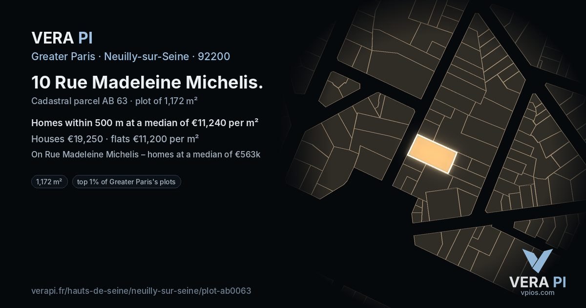 10 Rue Madeleine Michelis, Neuilly-sur-Seine at night – the plot lit, the parcels around coloured by the prices near them