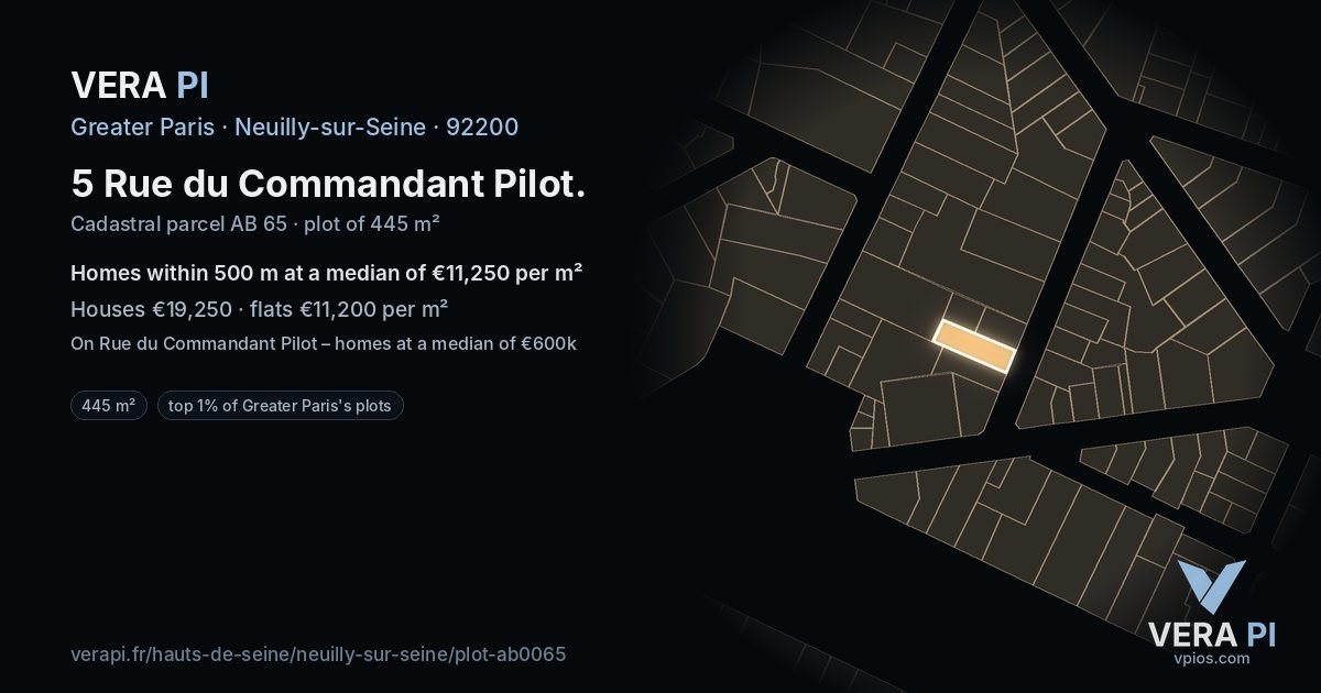 5 Rue du Commandant Pilot, Neuilly-sur-Seine at night – the plot lit, the parcels around coloured by the prices near them