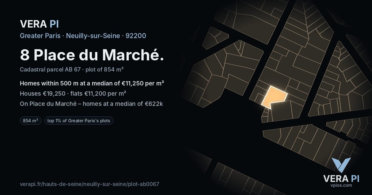 8 Place du Marché, Neuilly-sur-Seine at night – the plot lit, the parcels around coloured by the prices near them