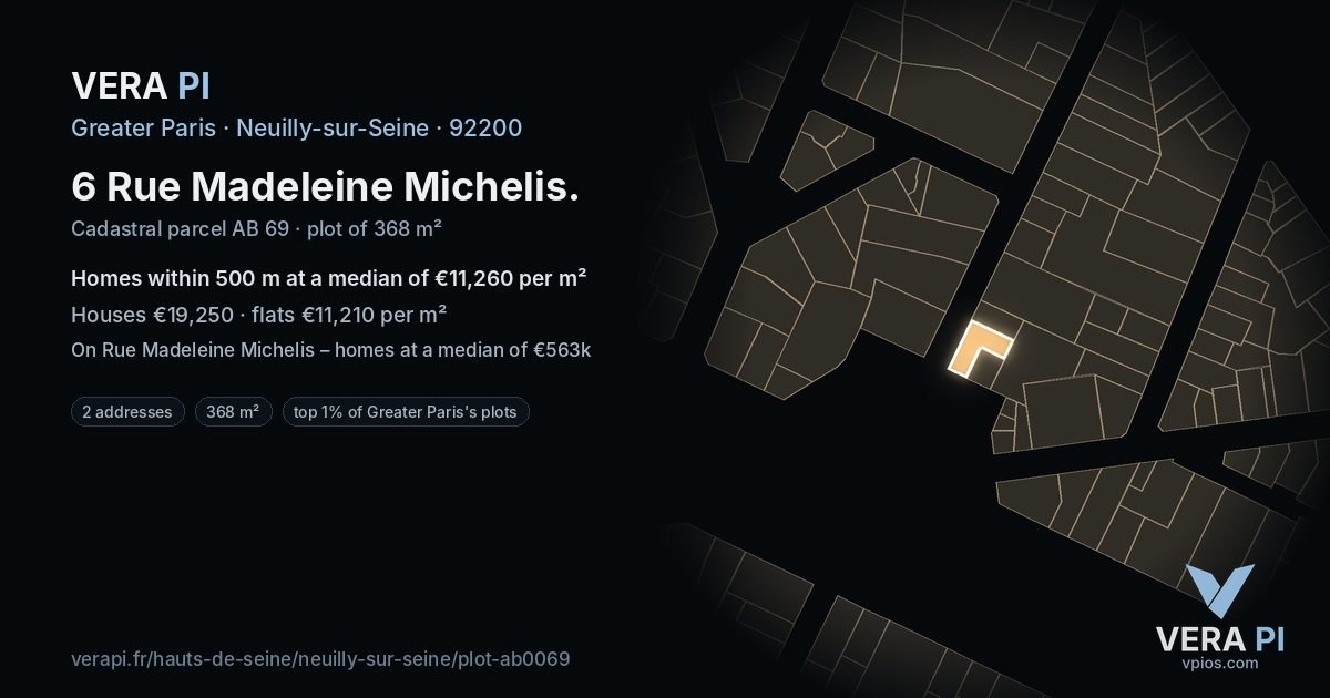 6 Rue Madeleine Michelis, Neuilly-sur-Seine at night – the plot lit, the parcels around coloured by the prices near them