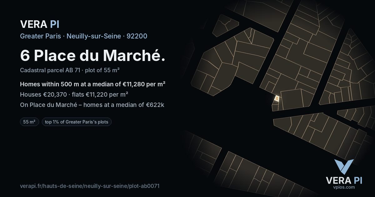 6 Place du Marché, Neuilly-sur-Seine at night – the plot lit, the parcels around coloured by the prices near them