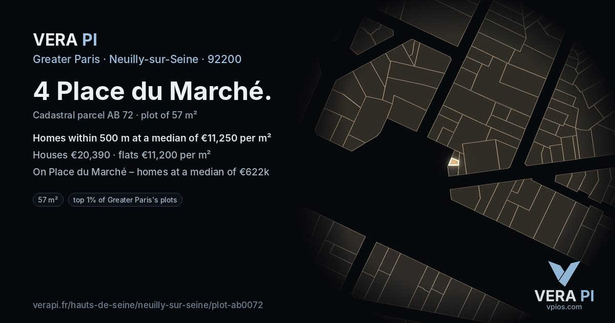 4 Place du Marché, Neuilly-sur-Seine at night – the plot lit, the parcels around coloured by the prices near them