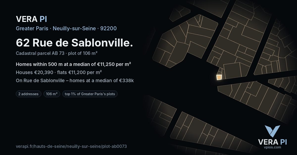 62 Rue de Sablonville, Neuilly-sur-Seine at night – the plot lit, the parcels around coloured by the prices near them