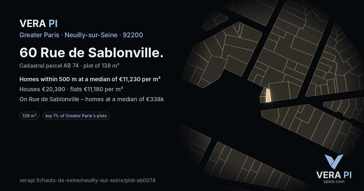 60 Rue de Sablonville, Neuilly-sur-Seine at night – the plot lit, the parcels around coloured by the prices near them