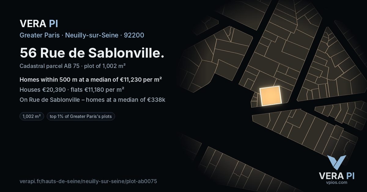 56 Rue de Sablonville, Neuilly-sur-Seine at night – the plot lit, the parcels around coloured by the prices near them