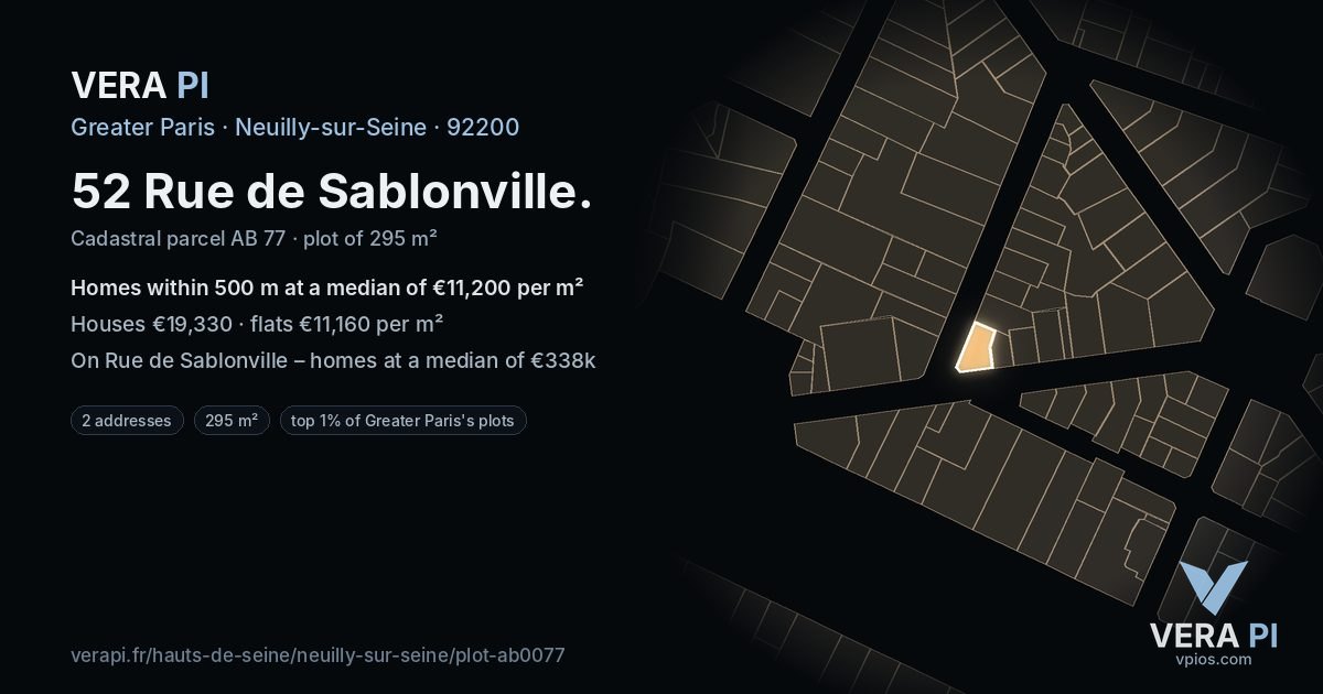52 Rue de Sablonville, Neuilly-sur-Seine at night – the plot lit, the parcels around coloured by the prices near them
