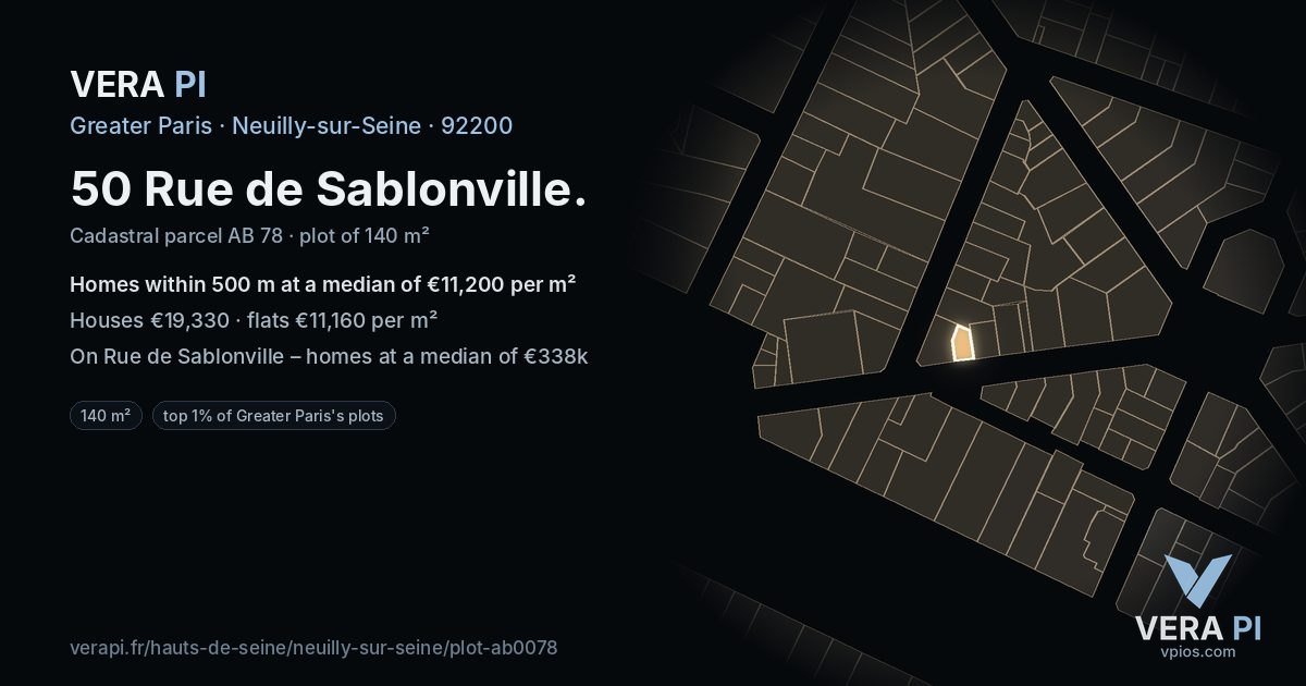 50 Rue de Sablonville, Neuilly-sur-Seine at night – the plot lit, the parcels around coloured by the prices near them