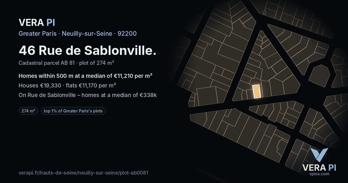 46 Rue de Sablonville, Neuilly-sur-Seine at night – the plot lit, the parcels around coloured by the prices near them