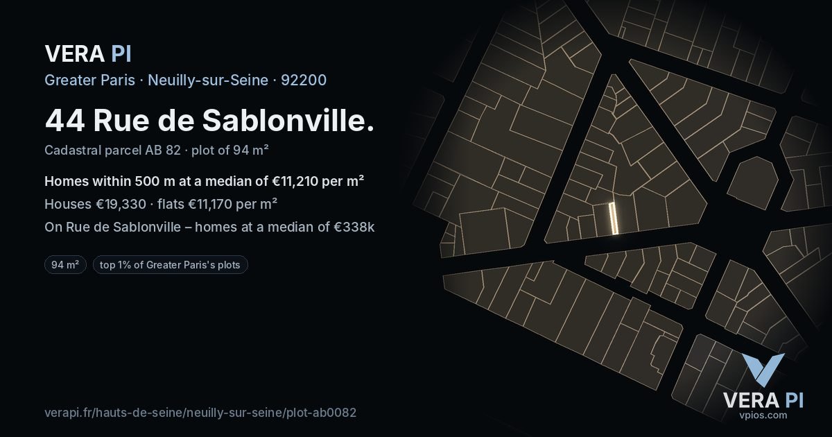 44 Rue de Sablonville, Neuilly-sur-Seine at night – the plot lit, the parcels around coloured by the prices near them