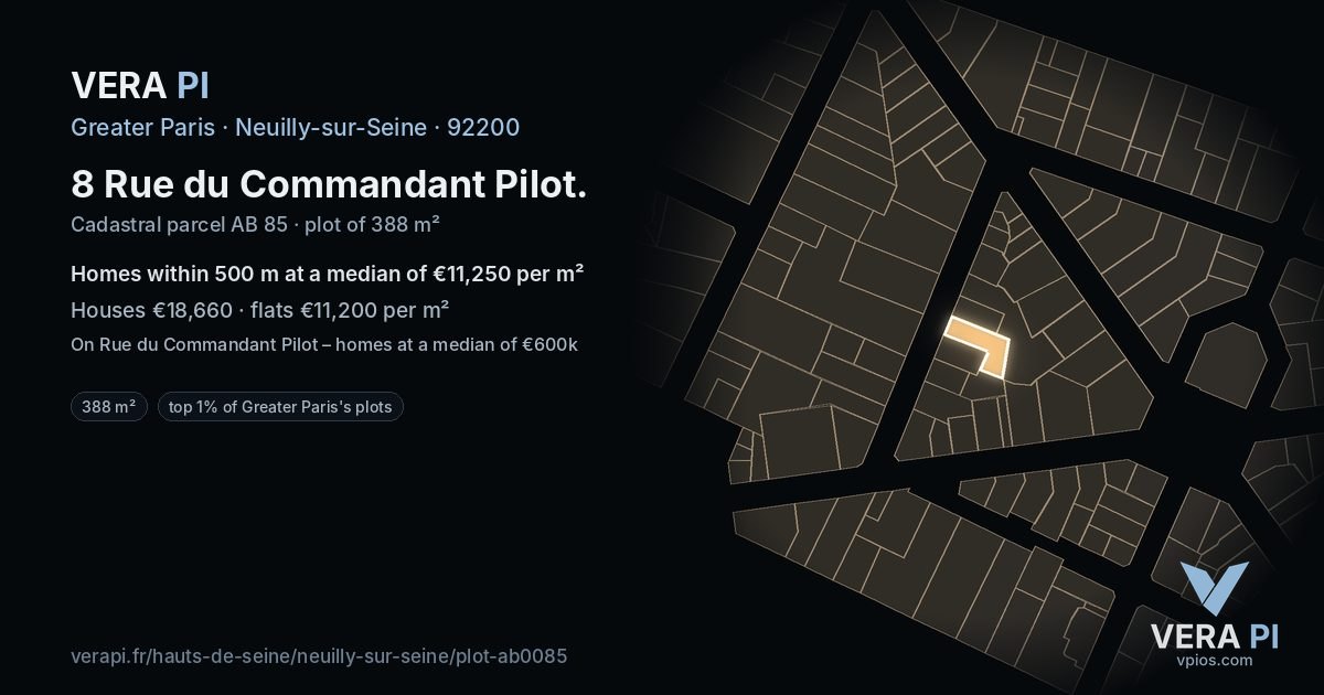 8 Rue du Commandant Pilot, Neuilly-sur-Seine at night – the plot lit, the parcels around coloured by the prices near them